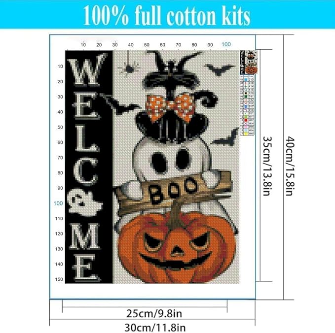 Halloween Stamped Cross Stitch Kits for Adults Beginner, Black Cat Pumpkin Cross Stitch Kits Printed Stitching Patterns Dimensions Needlepoint Art Crafts Embroidery Kits for Adults Beginners 12x16 in