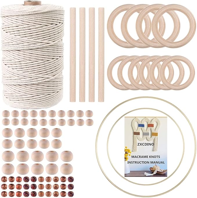 zxcdino 87pcs macrame kits for beginners 3mm x 220yards natural cotton macrame cord wall hanging kit, macrame supplies best for macrame plant hanger with wooden beads,wooden rings