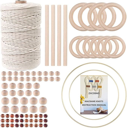 zxcdino 87pcs macrame kits for beginners 3mm x 220yards natural cotton macrame cord wall hanging kit, macrame supplies best for macrame plant hanger with wooden beads,wooden rings