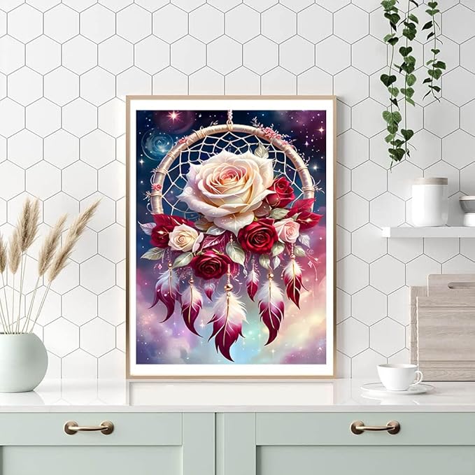 ijbnhd Rose Dream Catcher Diamond Painting Art Kit for Adults Rose Diamond Art Painting for Beginners Full Drill Round Gem Art Painting for Crafts Home Wall Decor Gift 12x16inch