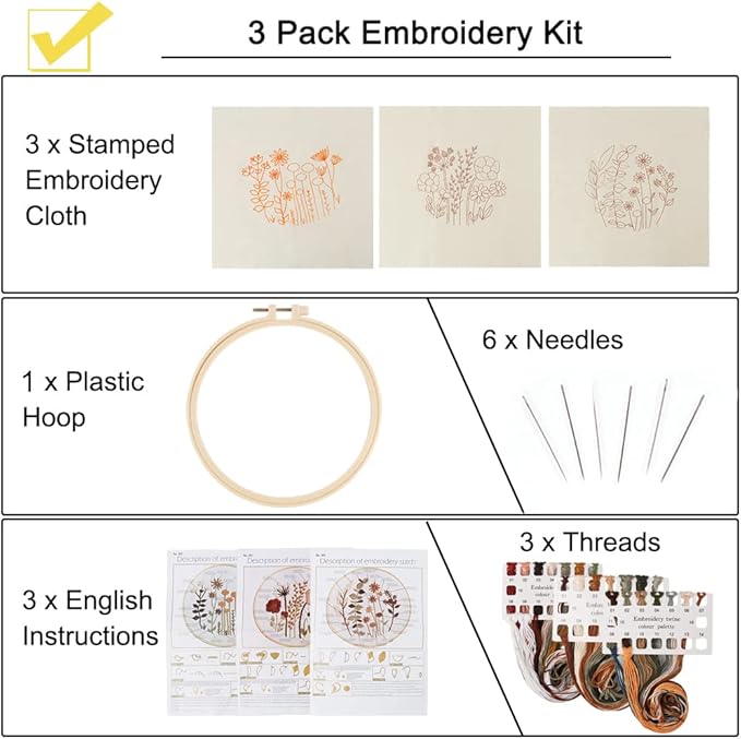 Uphome 3 Pack Embroidery Starter Kit for Beginners Stamped Cross Stitch Kits with Cute Flowers and Plants Patterns with 1 Embroidery Hoop and Color Threads for Adults Kids