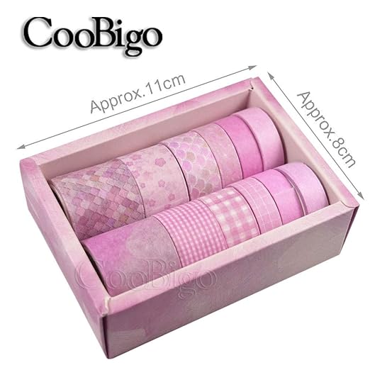 CooBigo Washi Tape Set, 12 Rolls 4 Size Decorative Masking Washi Tapes for Craft, Scrapbook, DIY, Planners, Gift Wrapping (Cherry Blossom Party)