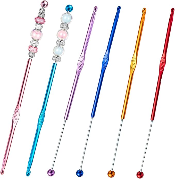 6 Pack DIY Beadable Crochet Hooks Knitting Needles Set Aluminum Handle for Focal Beads Colors (Blue Purple Red Orange Pink Light Blue, 4 mm)