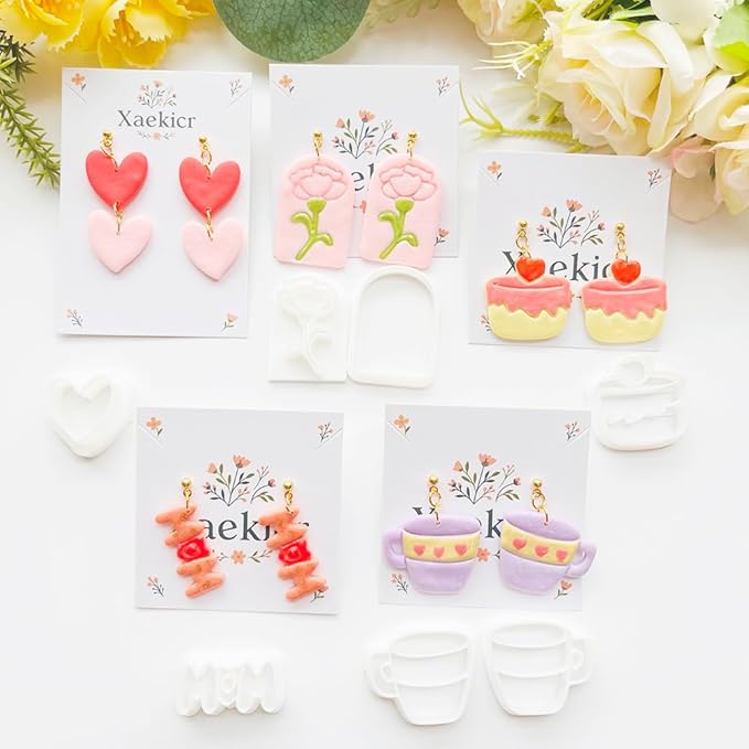 Mother’s Day Polymer Clay Cutters & Stamps Set - 12pcs Sharp & Durable Tea Cup, Cake, Heart, MOM & Silhouette Shapes for DIY Earring Jewelry Making, Soft Clay Crafts & Holiday Supplies