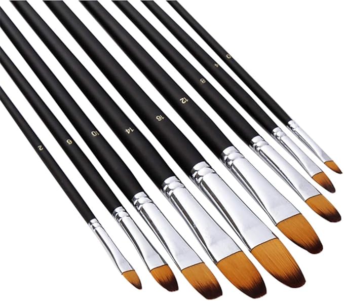 Artist Paint Brushes Set,9 Pcs Professional Filbert Brushes for Acrylic Oil Watercolor Gouache Painting Kits with Long Handle Nylon Hair Black
