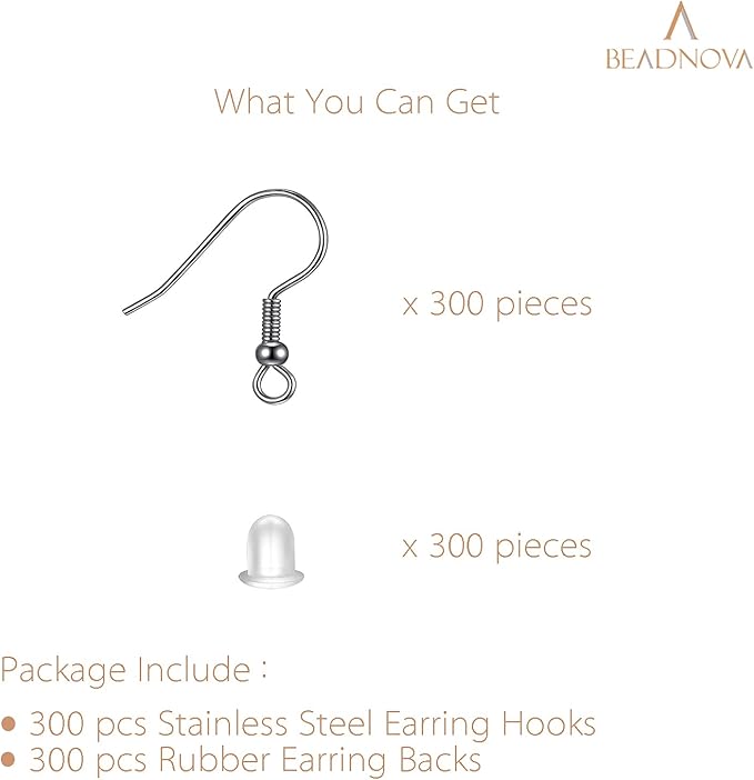 beadnova 300pcs stainless steel earring hooks with rubber backs, silver, elegant, polished, hypoallergenic, diy ear findings supplies