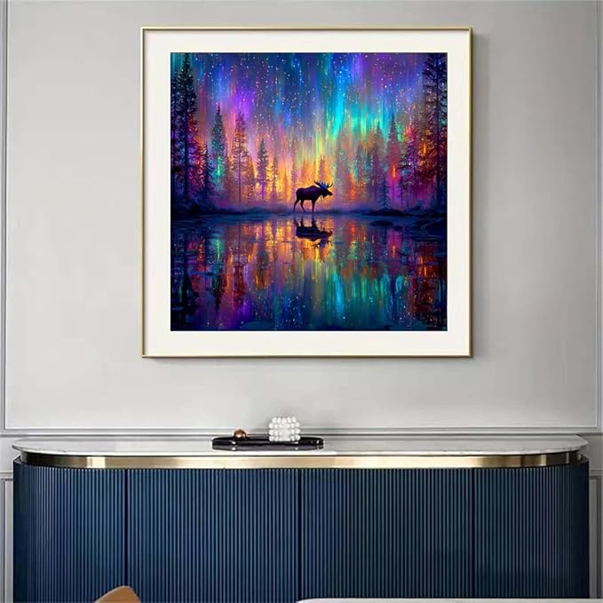 SHICERNHJ Sky Aurora Diamond Art Kits for Adults Beginner,5D Full Drill Diamond Dots for Deer Under Aurora，DIY Round Diamond Painting Kits Gem Art for Crafts Adult Home Decor 14 X 14 Inch