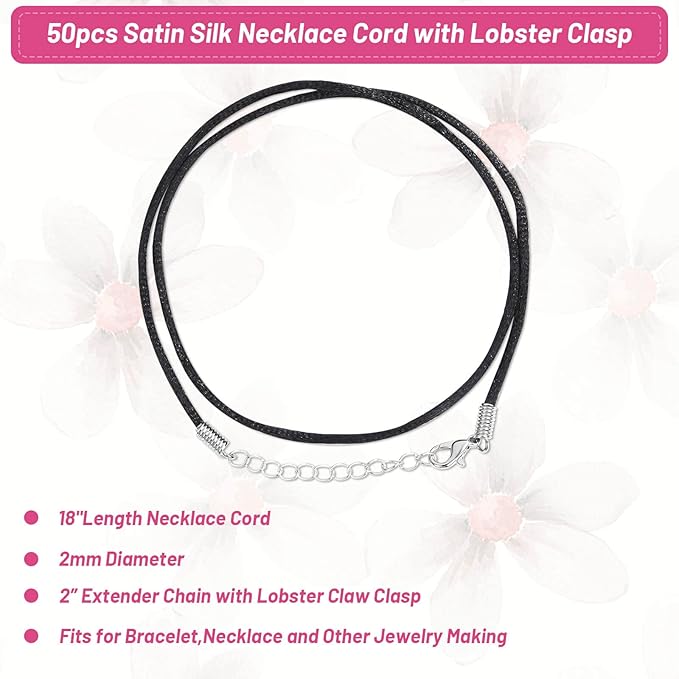 Selizo 50Pcs Satin Silk Necklace Cord with Lobster Clasp and Extension Chain for Necklaces Making and Beading (18 Inches, Black)