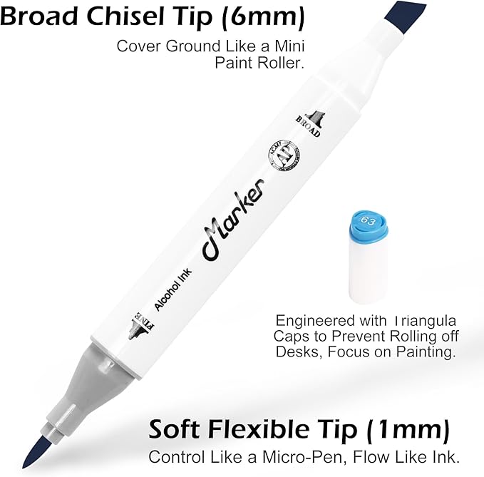 Blue Alcohol Markers, 6 Pack Dual Tips Soft Tip and Broad Tip Permanent Art Marker for Artists Adults Coloring Drawing Illustration Sketching Painting (Blue)