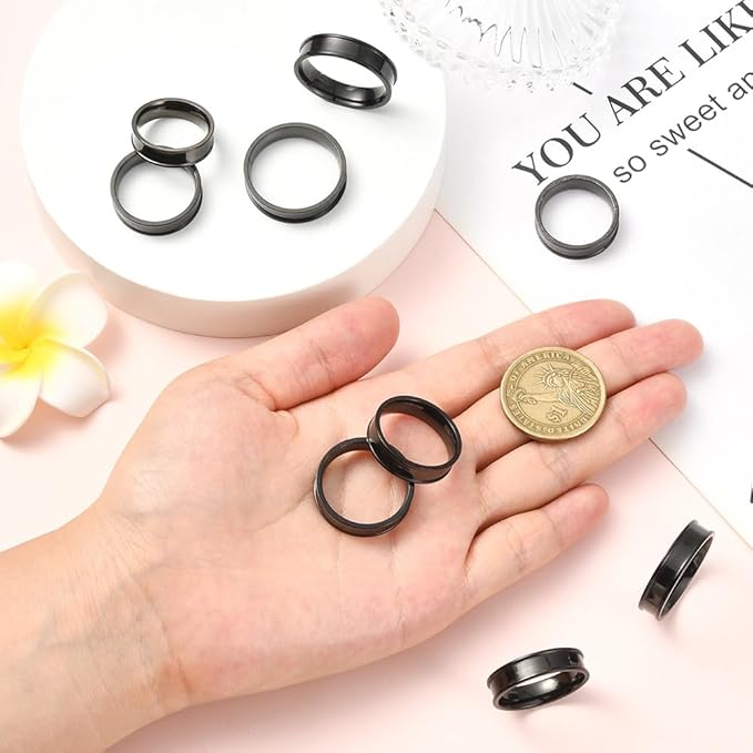 SUNNYCLUE 1 Box 6 Sizes 18Pcs Black Inlay Rings Stainless Steel Ring Blanks Kit Wide 6mm Metal Round Grooved Empty US Size 7/8/9/10/11/12 Finger Findings for Jewelry Making Craft Supplies Unisex Adult