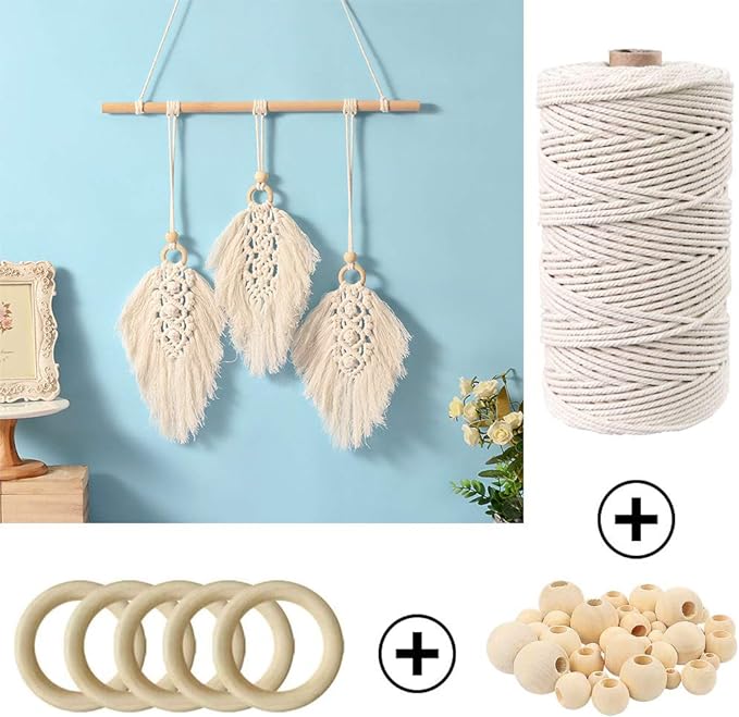 169pcs macrame kits for beginners 3mm x 220yards natural cotton macrame cord wall hanging kit, best macrame supplies for macrame plant hanger with wooden beads,wooden rings,wooden sticks,s hooks