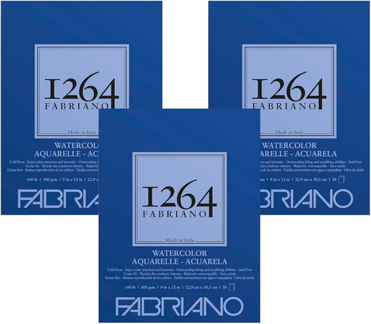 Fabriano 1264 Watercolor Pad, 9" x 12", Glue Bound, 140 lb., 3-Pack