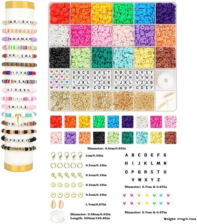 Believo 24-Grid DIY Polymer Clay Beads Set with Alphabet Letters, Heart Spacers, Shell Charms, Lobster Clasps, Jump Rings, Golden Spacers, Elastic String, 18 Colors, Friendship Bracelet Making Kit