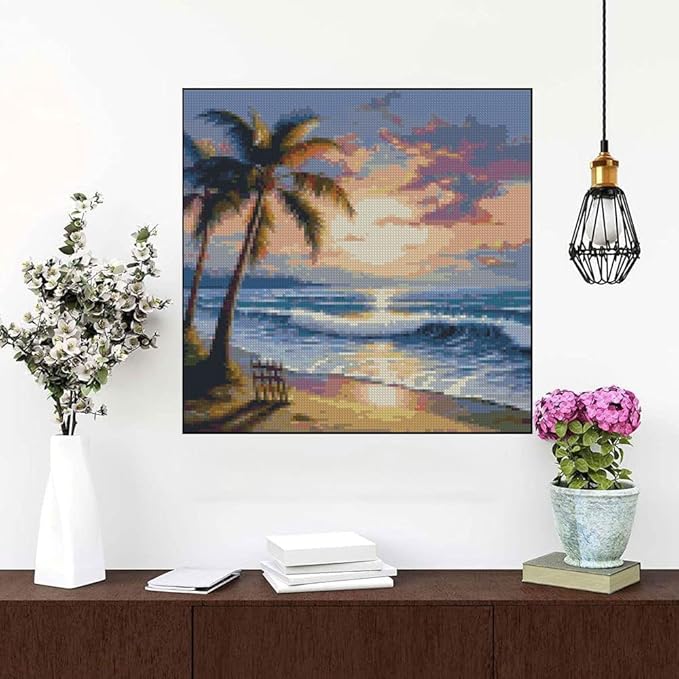 beach sunset stamped cross stitch kits - tree counted cross stitch kits for beginners adults needlepoint cross-stitch patterns dimensions needlecrafts embroidery kits arts and crafts 13.7x13.7 inches