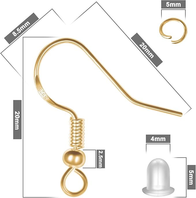 925 sterling silver earring hooks, 750pcs gold earring hooks kit 250pcs/125pairs hypoallergenic ear wires fish hooks with 250 pcs gold open jump rings and 250pcs rubber ear backs for jewelry making