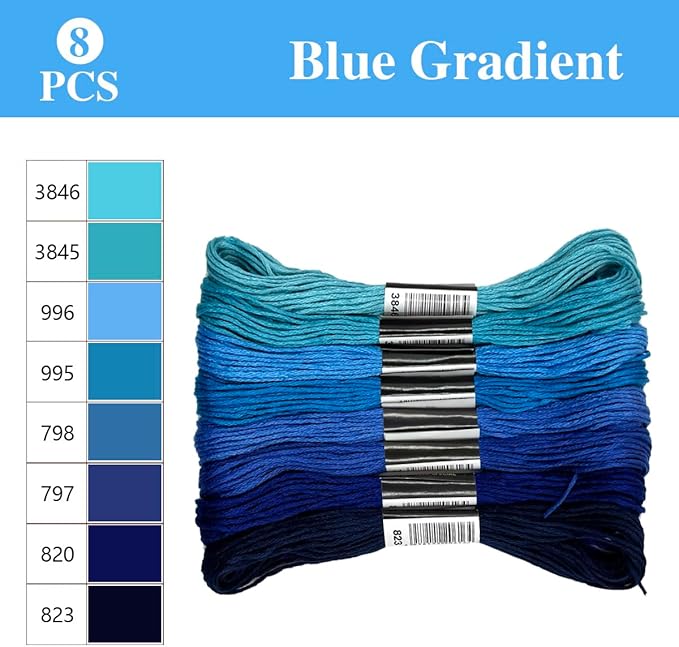 Zhenqing 8-Color Gradient Embroidery Floss Set | 7 Color Families (Red, Yellow, Blue, Green, Purple, Brown, B&W) | 56 Pre-Sorted Skeins, 6-Strand Threads (8m Each) for Sewing & Crafts