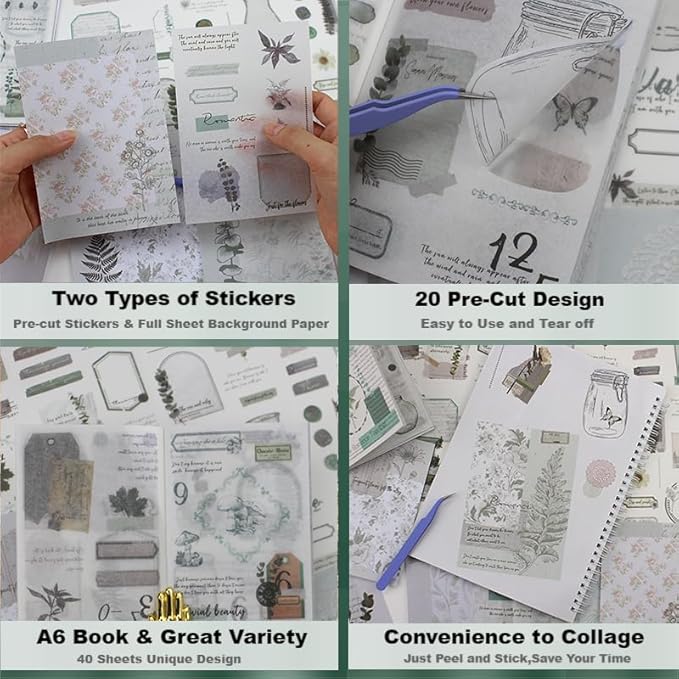 40 Sheets Nature Themed Washi Stickers Book for Adults, 180pcs Botanical Plant Stickers with 20 Adhesive Aesthetic Papers Ephemera for Bullet Junk Journaling Scrapbook Supplies