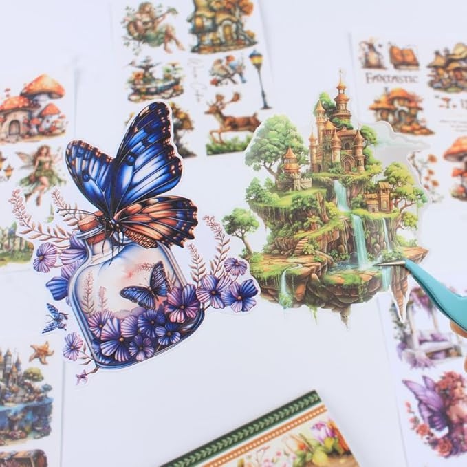 The Elfs Cottage Sticker Book for Journaling, 20 Sheets Precut PET Washi Paper Materials Stickers for Scrapbooking, Junk Journal Supplies, Planner, Bujo, Collage, DIY Crafts Arts