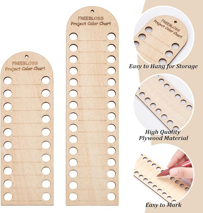 FREEBLOSS 4Pcs Project Color Chart Erasable and Reusable Wood Temperature Blanket Color Chart Wool Shade Organiser Card Blanket Planner for Thread Crochet Knitting Accessories,10/20/15/30 Holes