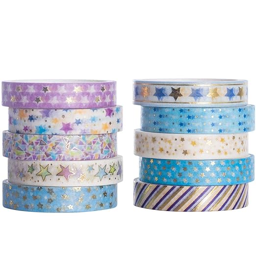 YUBBAEX 10 Rolls Sparkling Washi Tape Set 8mm Skinny Gold Foil Decorative Masking Washi Tapes for Bullet Journal,Scrapbook, Planner, DIY Crafts (Glittering Stars)
