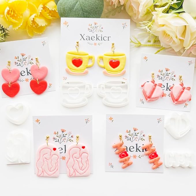 Mother’s Day Polymer Clay Cutters & Stamps Set - 12pcs Sharp & Durable Tea Cup, Cake, Heart, MOM & Silhouette Shapes for DIY Earring Jewelry Making, Soft Clay Crafts & Holiday Supplies