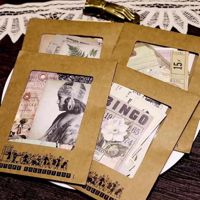 CATaireen Vintage Junk-Journal Mixed Paper Scrapbooking Embellishments Set Retro Journaling Decoupage Stickers Textured Packaging Decorative Cards Tags Kit (Bundle Collection)
