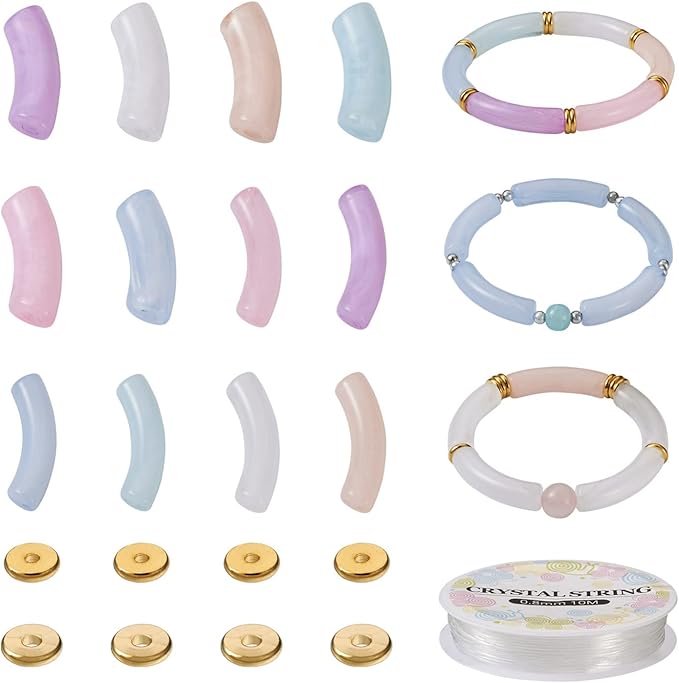 120Pcs Acrylic Chunky Tube Beads Kit with Flat Round Brass Spacer Beads & Elastic Crystal Thread, Long Curved Tube Beads for Bamboo Bangles Bracelet Jewelry Making
