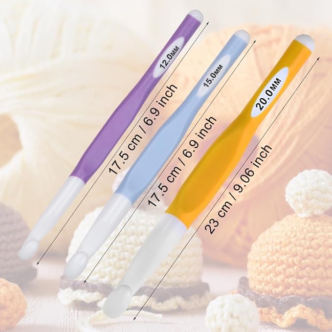 Long Crochet Hooks 3 pcs Large Sizes Crochet Needles QLRFFLJOY 12mm 15mm 20mm Rubber Handle Crochet Hook Set DIY Yarn Weaving Tools for Knitting Blankets, Shawl and Carpets