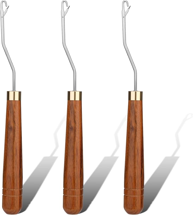 Giwrmu Latch Hook Tool, 3 Pcs Wooden Bent Latch Hooks, Crochet Hooks for Hair, Latch Hook Crochet Needle for Micro Braids, Hair Extension and Carpet Craft