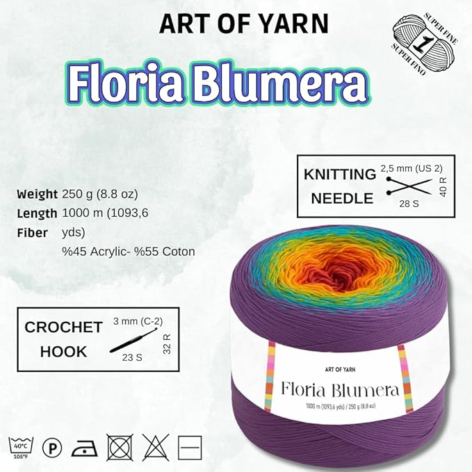 Floria Blumera Yarn 55% Cotton 45% Acrylic 1093.6 Yards Multicolor Gradient Yarn Cake for Knitting Crochet Spring Summer Ombre Rainbow Cotton Yarn for Flowers S.Fine 1 Sport-99277
