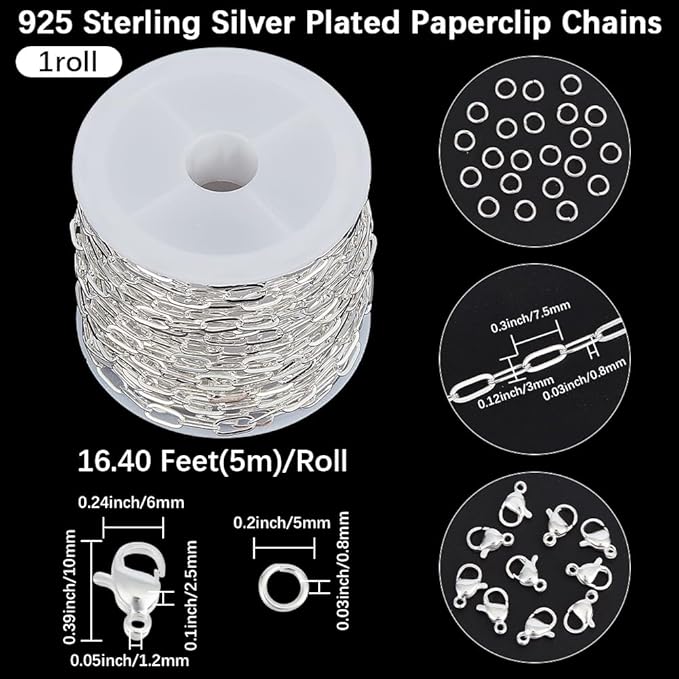 Beebeecraft 1 Roll 16.4 Feet/5m Paperclip Chain for Jewelry Making 925 Sterling Silver Plated Brass Cable Chain with 10Pcs Lobster Clasp 50Pcs Open Jump Ring for Necklace Bracelet Making Kits DIY