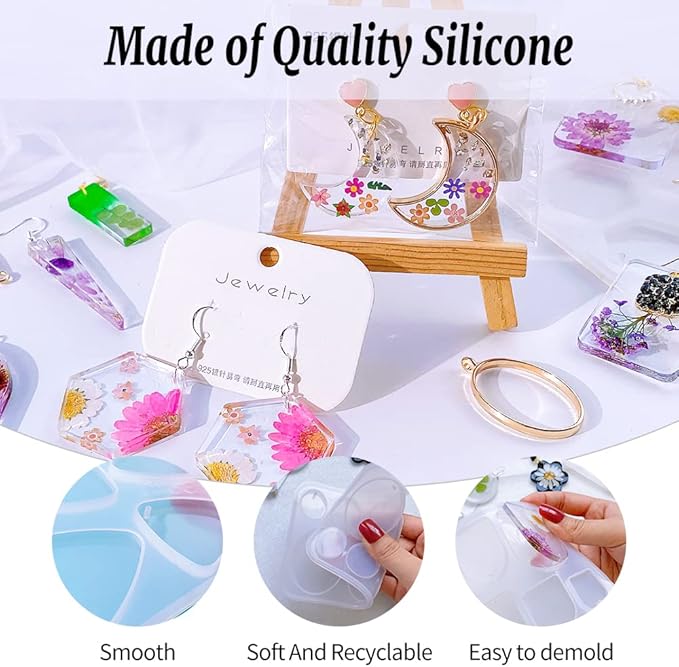 54 Pcs Epoxy Resin Jewelry Molds for Beginners, Moldes De Silicona para Resina for Earrings Pendants Necklaces Keychains Making, Variety Silicone Casting Mould with Hole for Boho Art Crafts