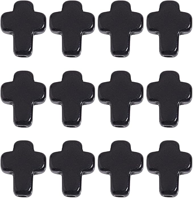 SUNNYCLUE 1 Box 200Pcs Cross Beads Small Black Synthetic Turquoise Stone Easter Holiday Mini Tiny Cross Charms Crucifix Charm Pocket Crucifix in Bulk Loose Spacer Beads for Jewelry Making Kits