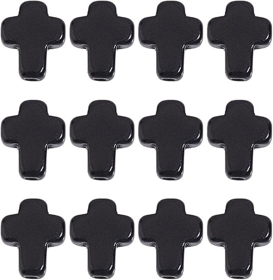 SUNNYCLUE 1 Box 200Pcs Cross Beads Small Black Synthetic Turquoise Stone Easter Holiday Mini Tiny Cross Charms Crucifix Charm Pocket Crucifix in Bulk Loose Spacer Beads for Jewelry Making Kits
