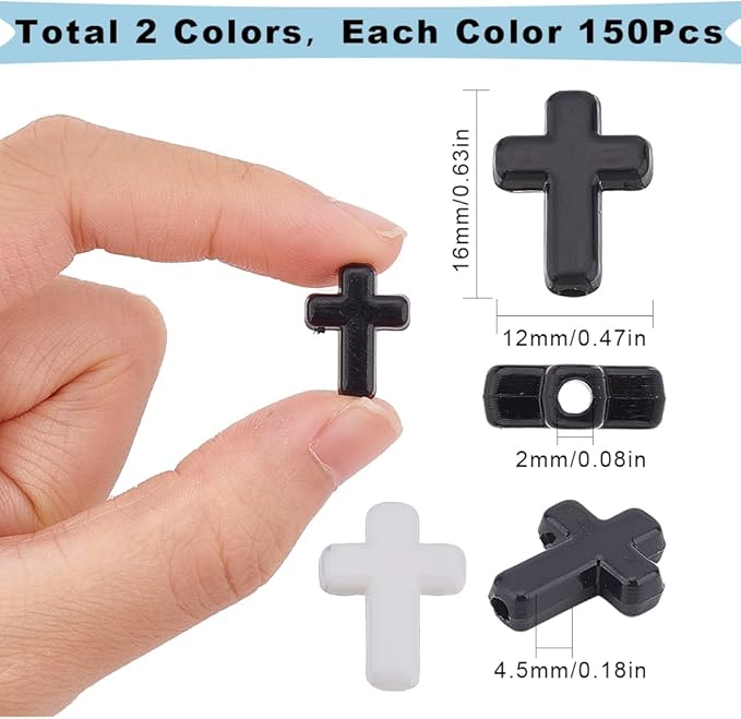 SUNNYCLUE 300Pcs Black Cross Beads White Acrylic Crosses Small Plastic Cross Beads Bulk Mini Tiny Charms Crucifix Loose Spacers for Jewelry Making Kit Adult Women Easter Decoration