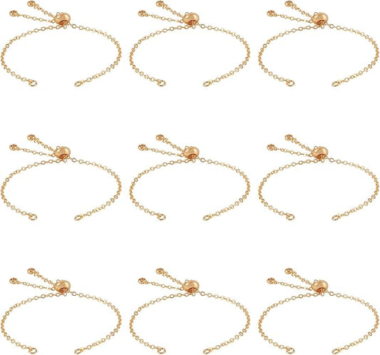 FASHEWELRY 10Pcs 18K Gold Plated Cable Chains Bracelet Adjustable Slider Bracelet Slider Extender Chains with Cubic Zirconia Ends for Woman Girl Jewelry Making, 7.87 Inch Long