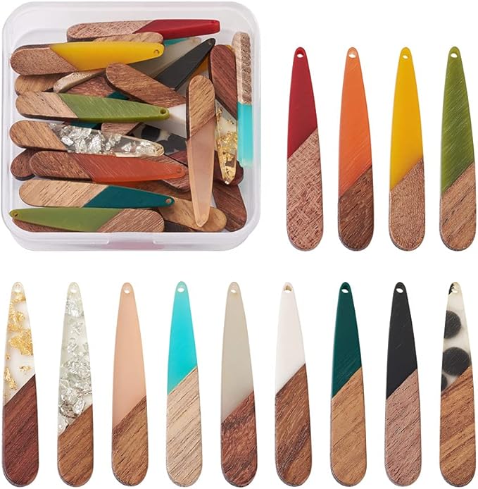 Beadthoven 26pcs/13 Pairs Natural Wood Resin Teardrop Charms DIY Earrings Pendants Mixed Colors Long Water Drop Shape Wooden Pendants for Statement Jewelry Making Findings