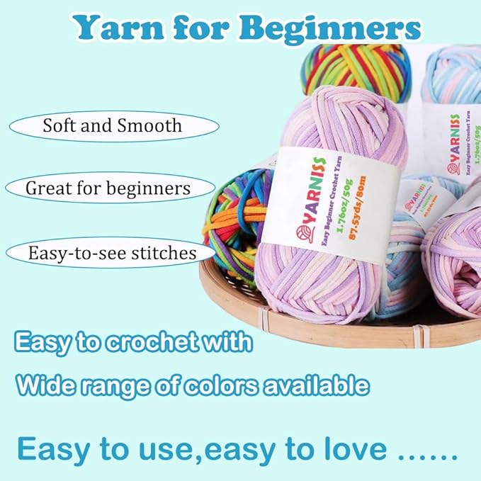 Yarniss Easy Crochet Yarn for Beginners, 12x50g Crochet Yarn Kits with Easy-to -See Stitches, Multicolor Cotton Yarn for Starter