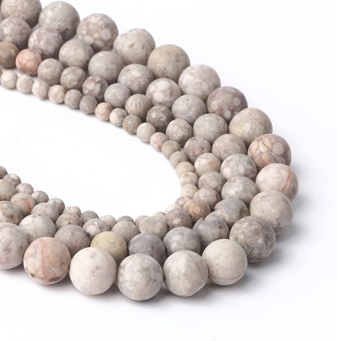 Stone Beads, 60pcs Matte Flowery Cowry Fossil, 6mm Round Loose Beads for Jewelry Making, Bracelets, with Bag, String & Card