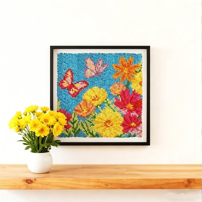 ORIGACH Butterfly & Floral Latch Hook Rug Kit for Adults Printed Rug Making Kit Handmade Carpet Tapestry Cover with Hook Latch and Preprinted Canvas, Home Arts Crafts Sofa Decor, 17.72x17.72inch