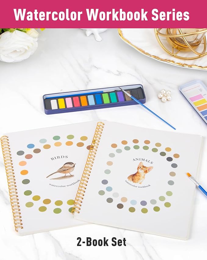 Dancart 2 Pack Beginner Watercolor Painting Set, 10.2" X 8.2" Watercolors Books with 12 Colors & 3 Brushes, Outlined Sketchbook & Guide for Beginners, Adults, Teens (Cat & Bird)