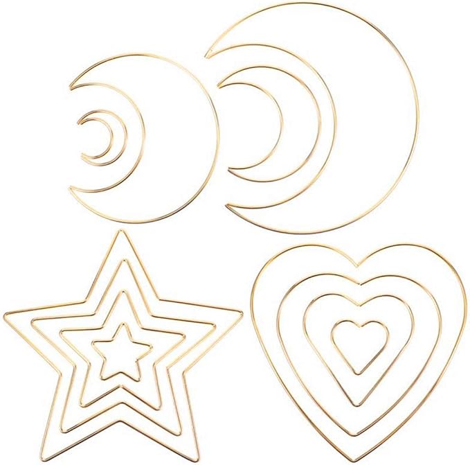 12 Pieces Assorted 4 Sizes Moon Star Heart Shaped Dream Catcher Rings Macrame Gold Metal Hoops for Floral Wreath Wall Hangings DIY Craft Supplies Home Decor (Multi)