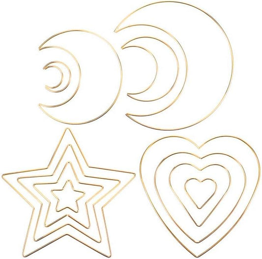 12 Pieces Assorted 4 Sizes Moon Star Heart Shaped Dream Catcher Rings Macrame Gold Metal Hoops for Floral Wreath Wall Hangings DIY Craft Supplies Home Decor (Multi)