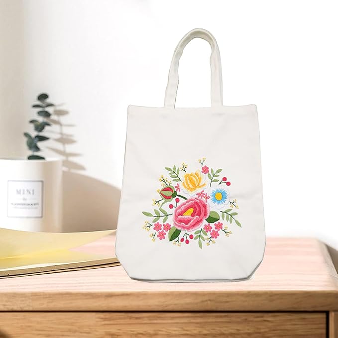 CREAWONDER Canvas Tote Bag Embroidery Kit with Pattern for Beginners, Arts and DIY Embroidery Crafts Kits for Adults, Include Instructions, Thimble, Embroidery Hoops, Color Threads and Tool