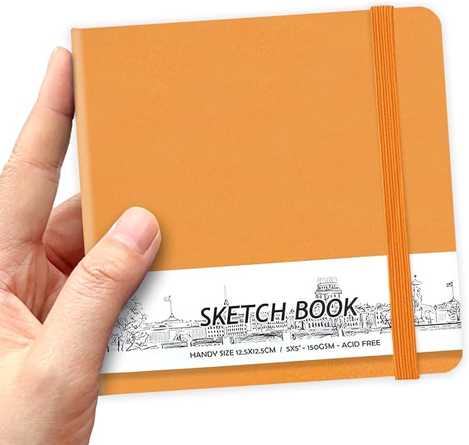 5" x 5" Hardcover Sketch Book,Small Mixed Media Sketch Pad,58 Sheets 150GSM Acid-Free Artist Drawing Paper,Travel Journal Blank Notebook for Adults Painting,Illustration,Art Supplies.Orange