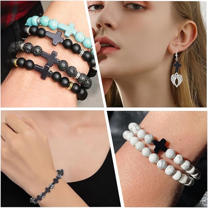 SUNNYCLUE 1 Box 90Pcs Black Cross Beads 3 Sizes Small Stone Cross Bead 10/16/20mm Mini Tiny Synthetic Turquoise Gemstone Beads Charms Easter Holiday Pocket Crosses for Jewelry Making Kits