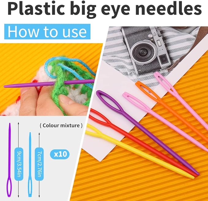 FTEVEN 45 Pieces Knitting Loom Hooks Set, Colorful Large Eye Bent Tapestry Needles, Plastic Large Eye Needles, Knitting Loom Needles with Knitting Needle Markings for DIY Handicrafts