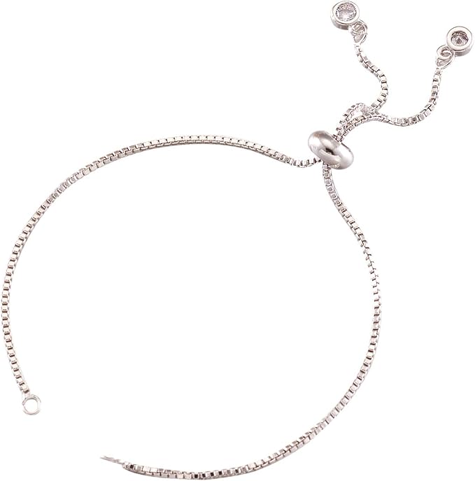 FASHEWELRY 10 Strands Adjustable Brass Bracelet Slider Extender Chains with Cubic Zirconia Ends 4-3/8" to 4-3/4"(110~120mm) Real Platinum Plated for DIY Jewelry Making