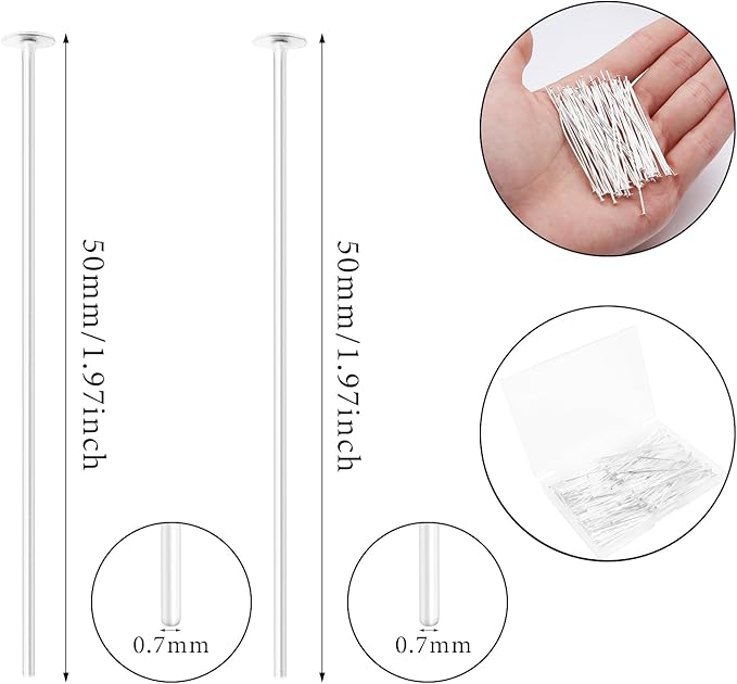 200 Pcs 50mm Straight Head Pins for Craft Earring Bracelet Necklace Pendant DIY Jewelry Making, Silver Color