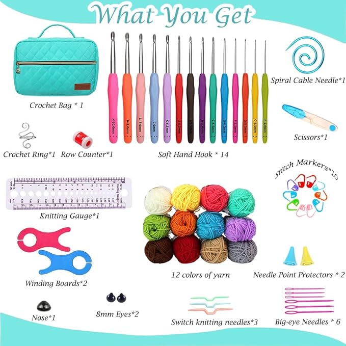 yarniss crochet kits for beginner, all-inclusive crochet kit for adults with 14 size ergonomic crochet hooks,12 crochet yarns balls & crochet bag,bright blue